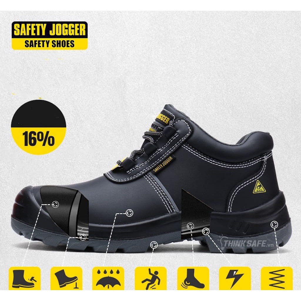 Giày bảo hộ Safety Jogger Aura S3 da bò cao cấp siêu bền, chống tĩnh điện, cấu tạo phi kim cổ thấp (đen)