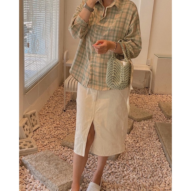 Áo sơ mi caro sọc nhỏ dài tay kiểu dáng basic nhiều màu sắc freesize - donulatte.clothing