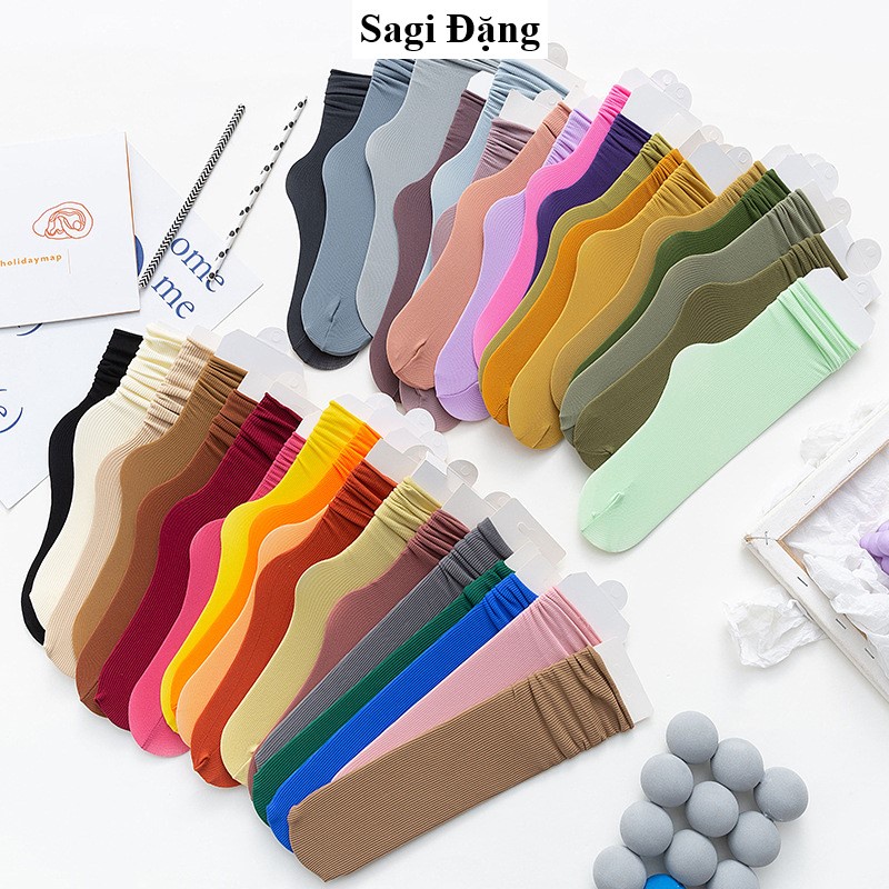 Vớ nữ dài, tất cổ cao trơn nhún vải cotton co dãn vintage Hàn Quốc nhiều màu