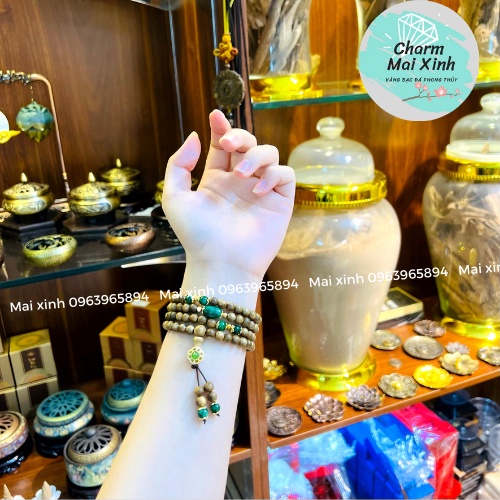 Chuỗi Trầm Hương Tốc 108 Hạt mix Lu Sơn Thủy + Charm Xanh - Vòng Tay Gỗ tự nhiên Nữ phong thuỷ