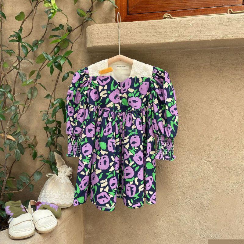 Đầm tay phồng họa tiết hoa phong cách vintage thời trang cho bé gái