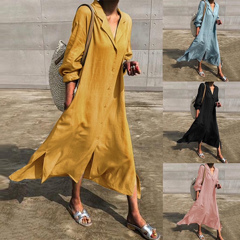 ZANZEA Đầm maxi bằng cotton dài đính nút trước thời trang mùa thu cho nữ | BigBuy360 - bigbuy360.vn