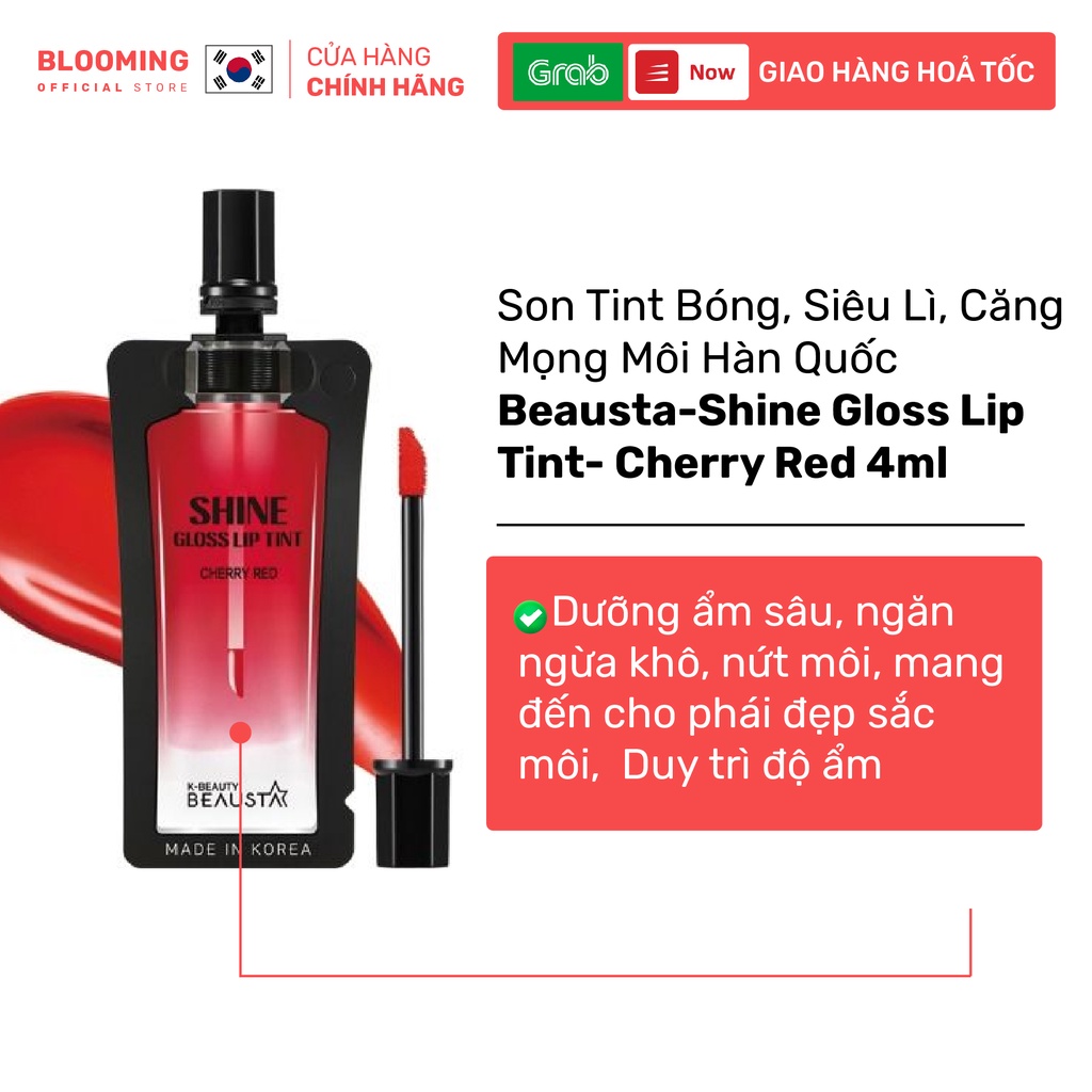 Son Tint Bóng, Siêu Lì, Căng Mọng Môi Hàn Quốc Beausta-Shine Gloss Lip Tint- Cherry Red 4ml