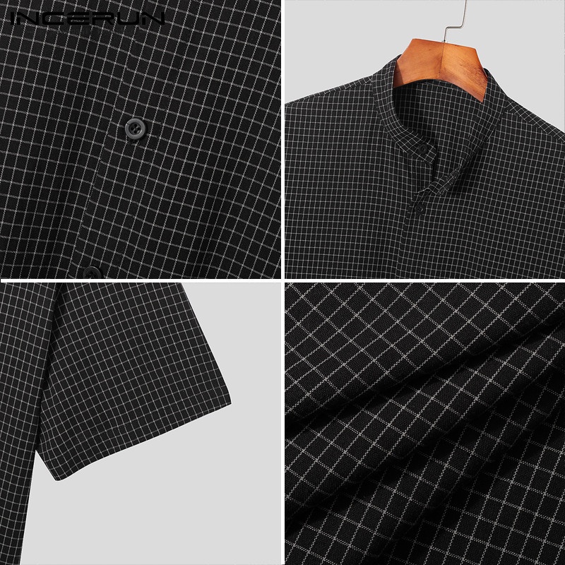 Incerun Áo Sơ Mi Cotton Ngắn Tay Cổ Đứng Cài Nút Kẻ Sọc Caro Cho Nam