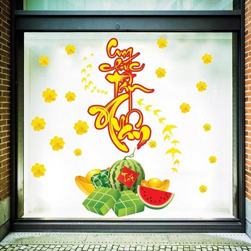 Decal Trang Trí Tết Bé Múa Lân Và Thần Tài Đón Tết - Decal tết cao cấp không viền trắng có sẵn keo sẵn [Hỗ trợ xuất VAT] | BigBuy360 - bigbuy360.vn