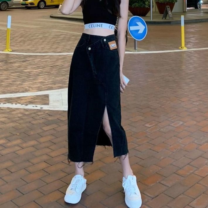 Jiashucheng Chân Váy Jean Chữ a Lưng Cao Xẻ Tà Thời Trang Mùa Hè Cho Nữ
