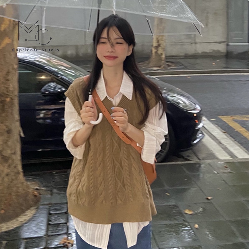 Áo gile len vặn thừng màu nâu tây phong cách retro thanh lịch cho mùa thu