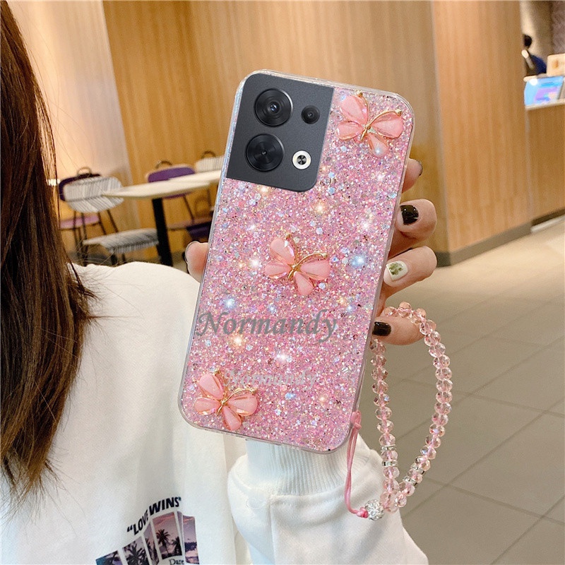 Ốp điện thoại có dây đeo đính hạt đá hình bướm lấp lánh 3D cho OPPO Reno8 8Z 8Pro Reno 8 7 7Z 7Pro 6Z 6 Z Pro 5G 4G