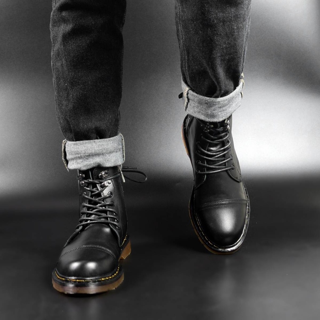 Giày Da Nam Combat Boots 058 Zip Lucas Shoes, Giày Chiến Binh Cao Cổ, Da Bò Đen, Đế Kếp Có Khâu Đế - BH 1 Năm