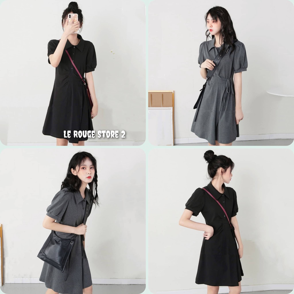 (ORDER) Đầm polo sơ mi nữ tay phồng xinh xắn vạt chéo buộc dây eo tôn màu đen và xám kiểu E-girl có size