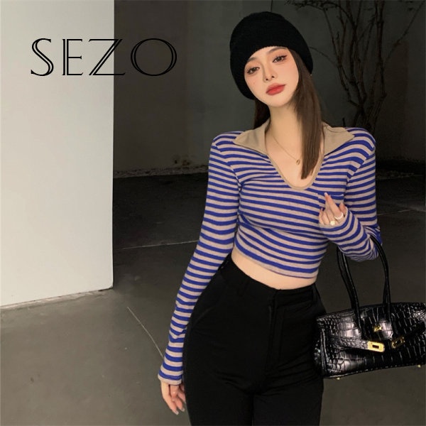 QKOOLE  Áo thun ôm dáng tay dài họa tiết kẻ sọc phong cách Hàn Quốc thời trang dành cho nữ