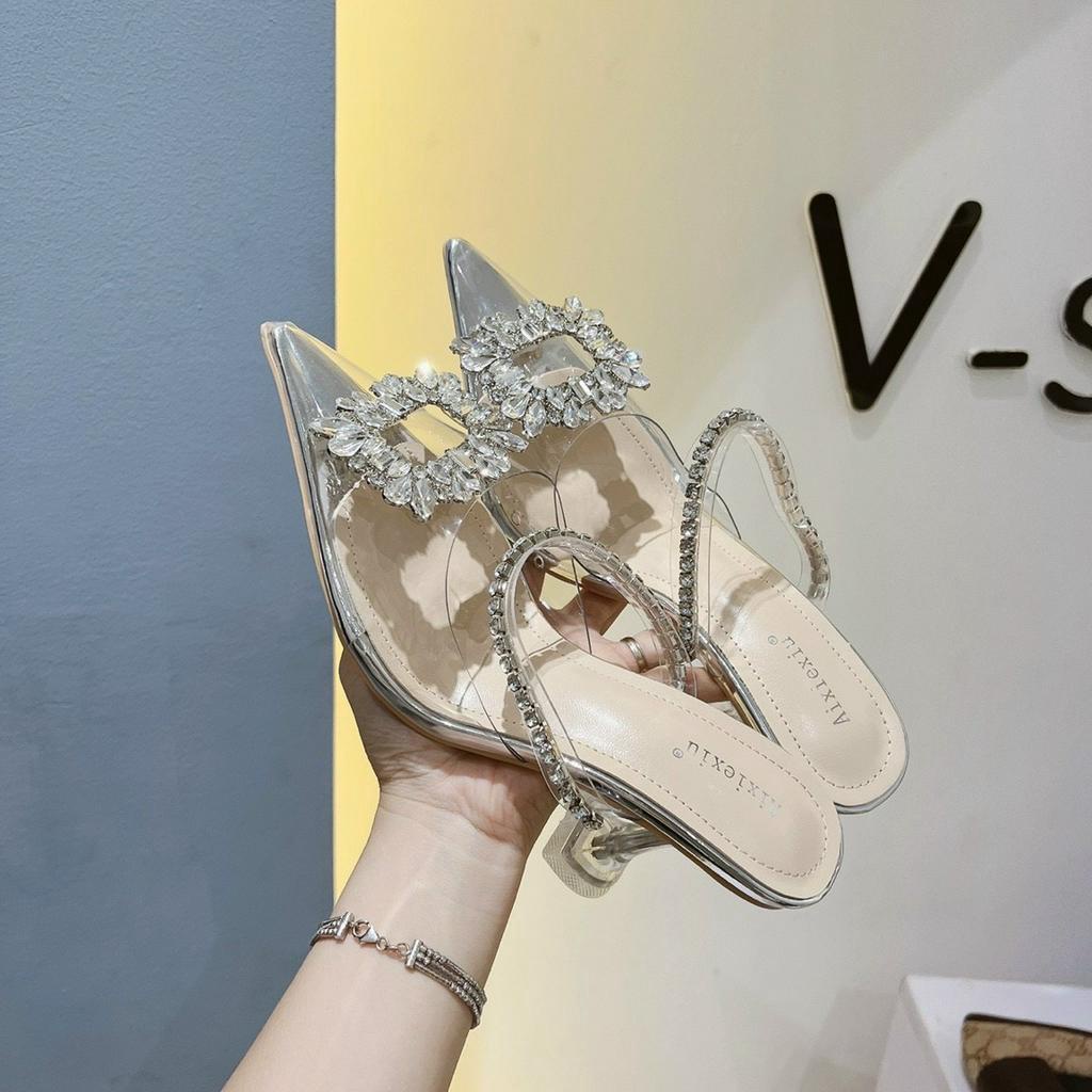 Dép sục cao gót mũi trong Đá vuông trắng gót ly 8cm sang chảnh