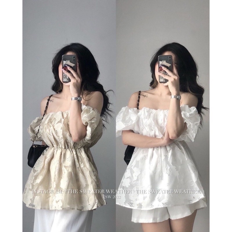 Áo trễ vai voan tay bồng hoa chìm siêu xinh - Áo trễ vai tiểu thư chun ngực hoa nổi dáng xòe