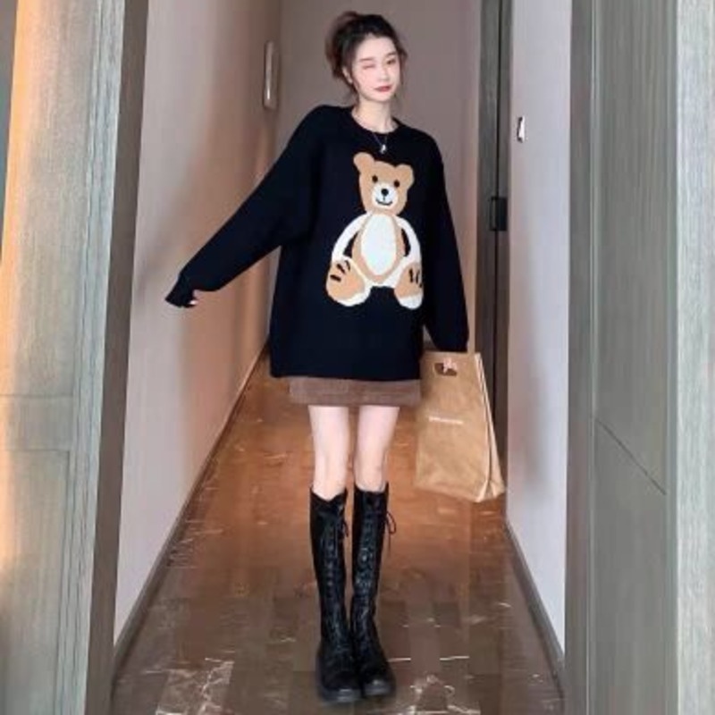 Áo sweater dệt kim dáng rộng in hình gấu hoạt hình phong cách Hàn Quốc