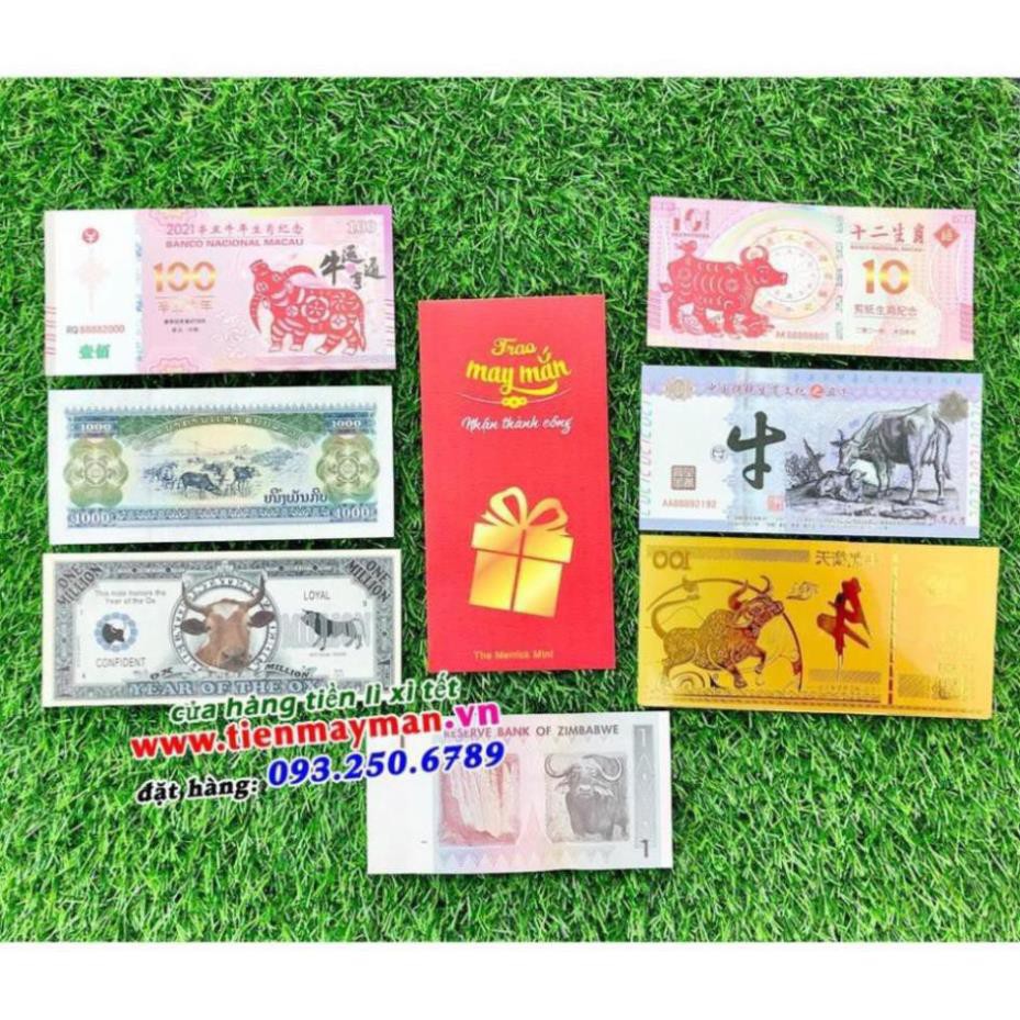 COMBO 7 TỜ Tiền con trâu 2021 của Macao , Trung Quốc, Mỹ, Zimbabwe, Lào lưu niệm làm quà tặng Tết, tặng kèm bao lì xì