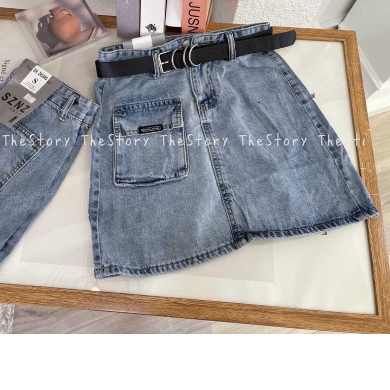 [STR] [ẢNH THẬT SHOP CHỤP] Chân váy jean dáng ngắn kèm belt, mặt trước CV314