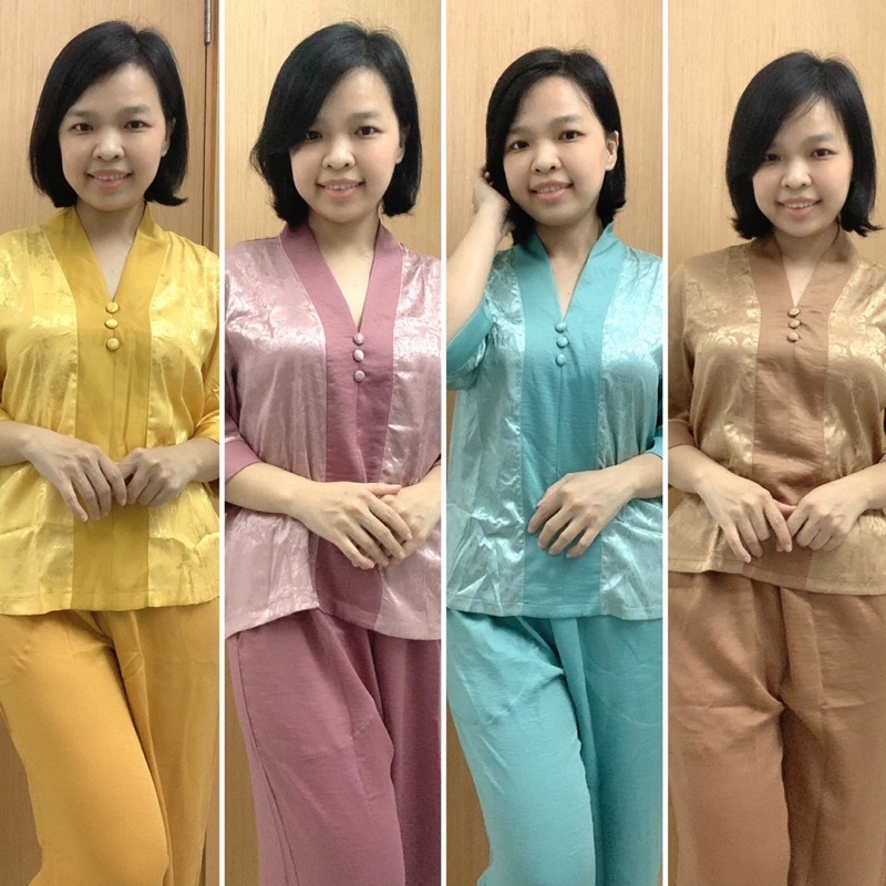 Trang phục lam đi lễ chùa vải lụa phối gấm sang trọng