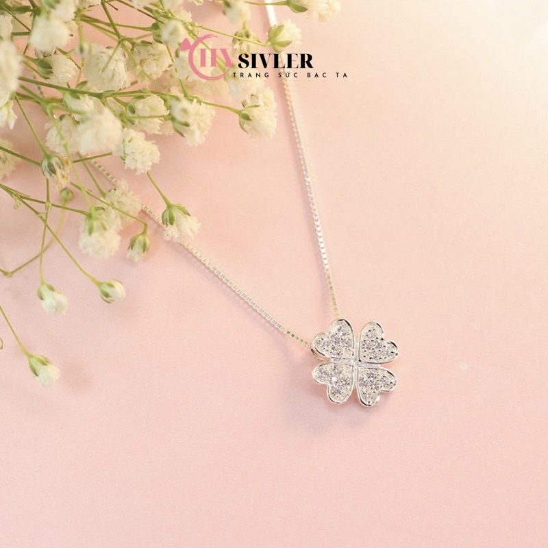 Dây chuyền bạc cỏ 4 lá may mắn đính đá to sáng dây chuyền nữ bạc thật giá rẻ