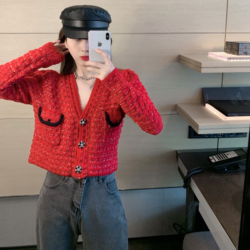 Áo Khoác Cardigan Len Đỏ Túi Hộp LSEOUL K0301 Chất Dày Dặn Cá Tính