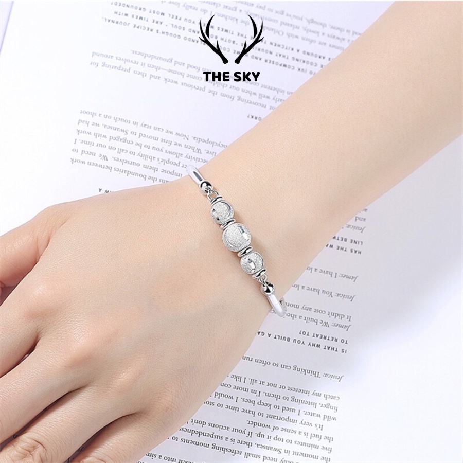 Lắc Tay Bạc Nữ THE SKY VT1024 Đính 3 Viên Bi Bạc, Kiềng tay nữ chất liệu bạc Ý Phụ Kiện Trang Sức Đẹp