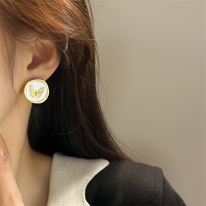 Bông Tai Mạ Bạc 925 Hình Tròn Họa Tiết Bướm Thời Trang Hàn Quốc Chất Lượng Cao Cho Nữ