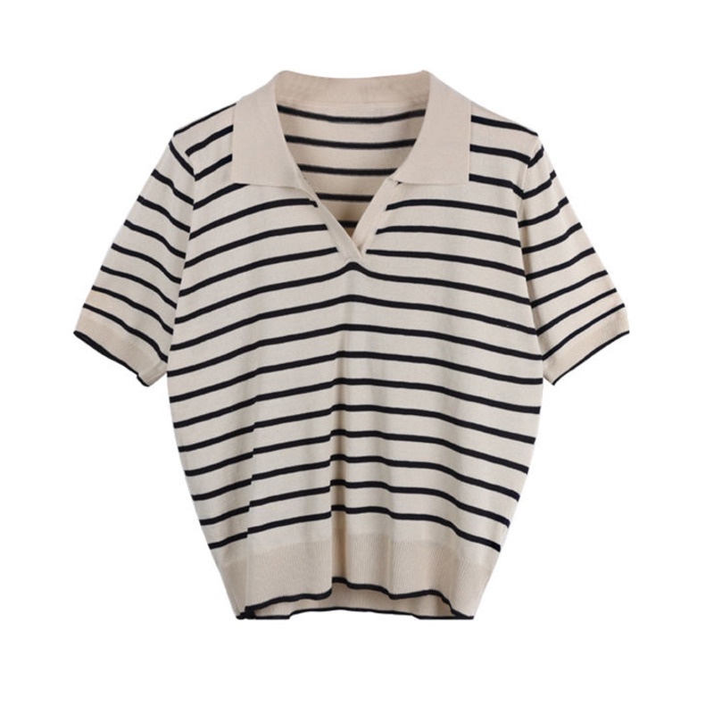 Áo thun RENJIANVSHENG 154712 cổ polo tay ngắn dáng rộng kẻ sọc ngang trẻ trung phong cách retro đơn giản hợp thời trang