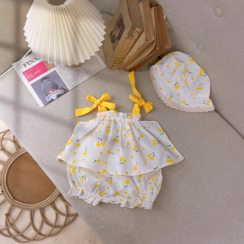 Đồ bộ 2 dây cột nơ tặng nón cho bé gái sơ sinh 1 2 3 tuổi MINTSCLOSET Mint's Closet - GA2057