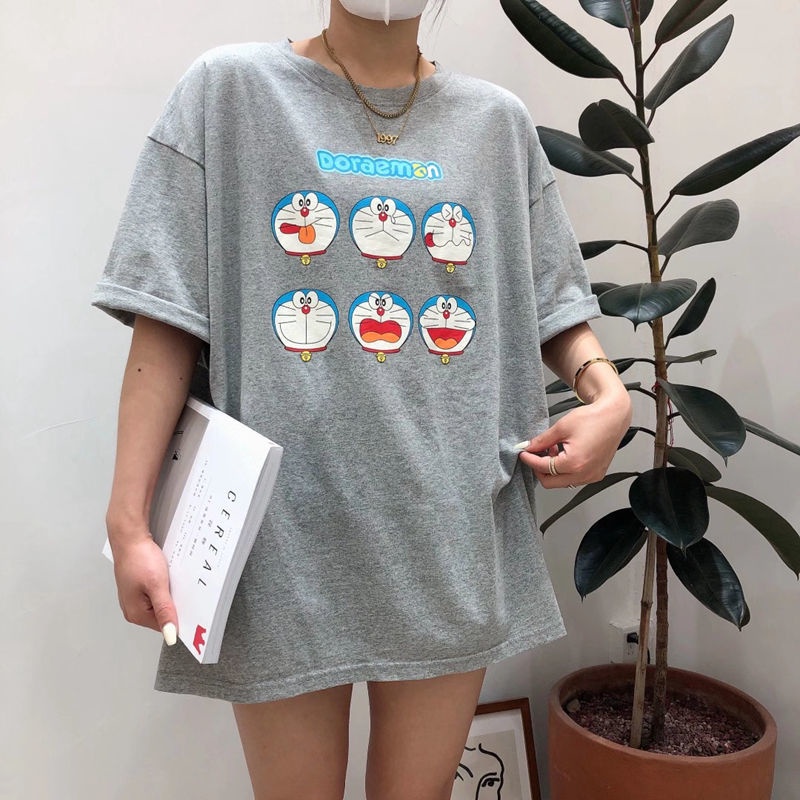 Doraemon cartoon plus size fat loose Korean version of pure cotton short-sleeved t-shirt women summer clothes