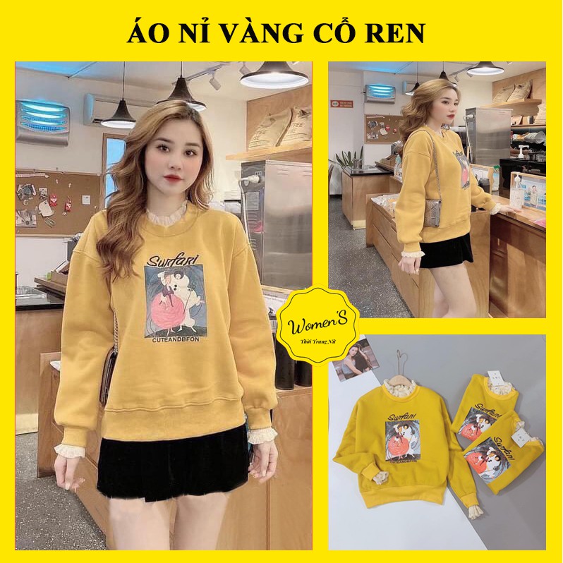 ÁO NỈ NỮ SWEATER FORM RỘNG, MÀU VÀNG IN HÌNH BẠCH TUYẾT CỔ BÈO REN, HÀNG QUẢNG CHÂU CAO CẤP