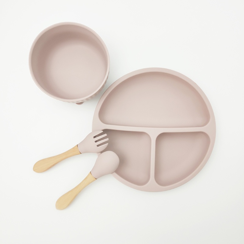 Bộ 4 Dụng Cụ Tập Ăn Gồm Bát / Muỗng / Nĩa Chia Ngăn Bằng Silicone Dành Cho Bé