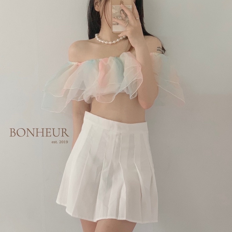 Áo bẹt vai cầu vồng, trễ vai voan kiến phối màu croptop - B5U
