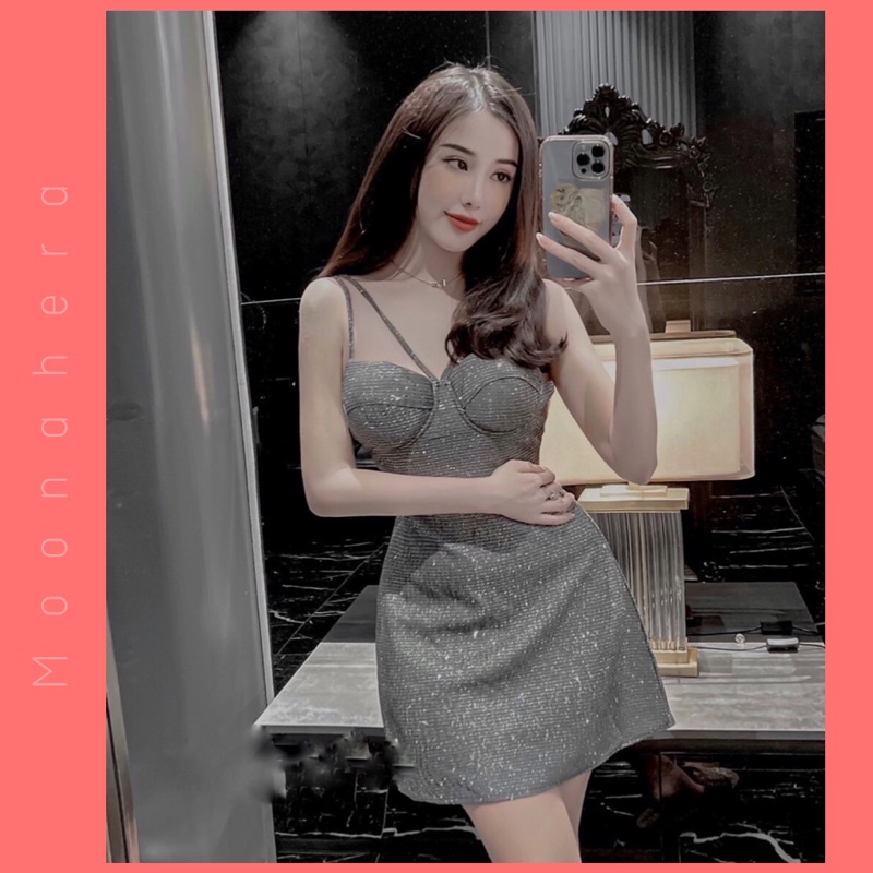 Váy hai dây đan chéo cúp ngực vải nhũ bling bắt sáng. Đầm chữ A đi tiệc, đi bar sang chảnh
