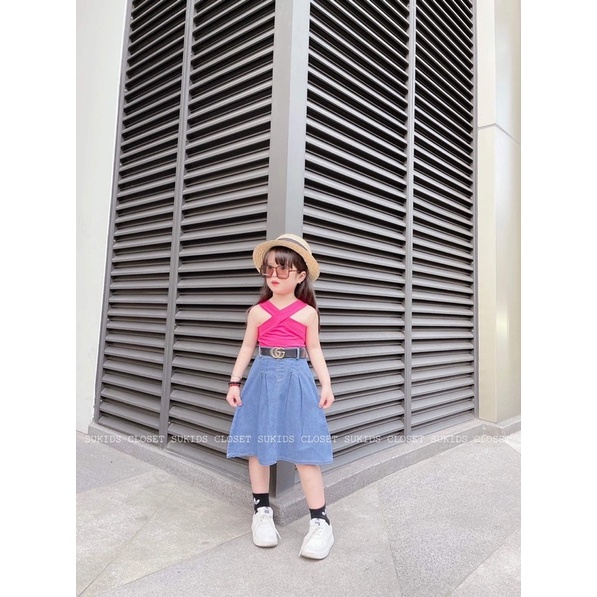 Set áo chéo cv jean dáng dài cho bé gái 14-38kg