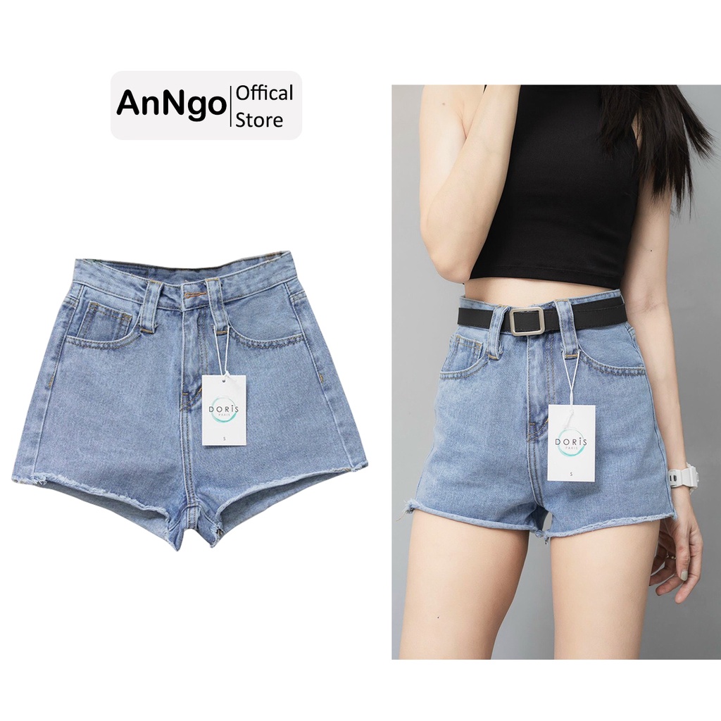 Quần short jean nữ trơn ống rộng lưng cao, chất jean denim mịn đẹp AnNgo - AT89