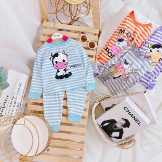 [SALE] Bộ Dài Tay Cho Bé Trai, Bé Gái Minky Mom Sọc Ngang In Hình Bò Sữa Moo, Đồ Bộ Cho Bé Mặc Nhà Thu Đông MKMTD2137
