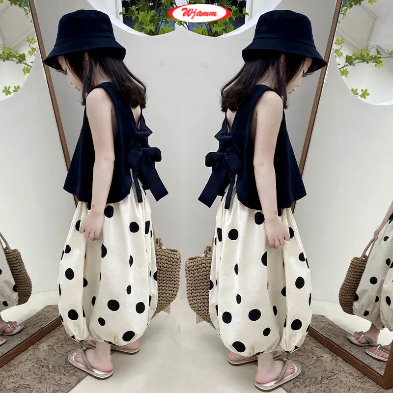 đồ bộ bé gái (90-150cm) áo may ô bé gái quần ống rộng bé gái Bộ đồ quần ống túm Bông phong cách mỏng phong cách Hàn Quốc quần áo trẻ con