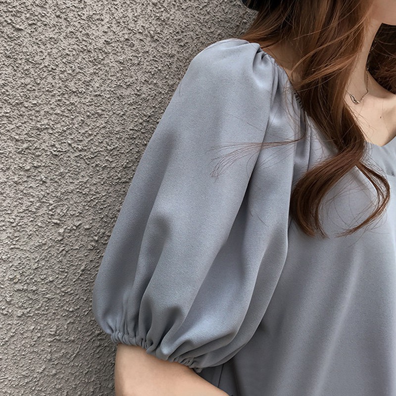 FREESHIP ĐƠN 99K_ Women's Solid V-Neck Short Sleeve Simple Chiffon Blouse