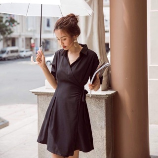 Đầm sơmi đắp chéo thắt nơ eo