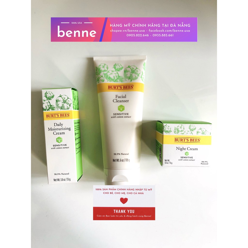 Sữa rửa mặt, kem dưỡng ngày và đêm Burt's Bees Sensitive của Mỹ