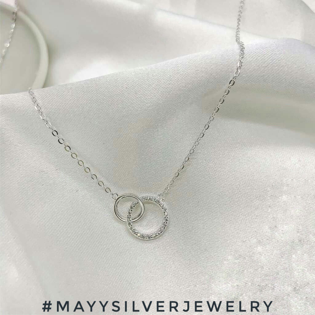 Dây chuyền bạc 925 ý Mayy Silver - Vòng cổ nữ đính đá 2 hình tròn lồng nhau - Phụ kiện trang sức cho nữ hàng ngày