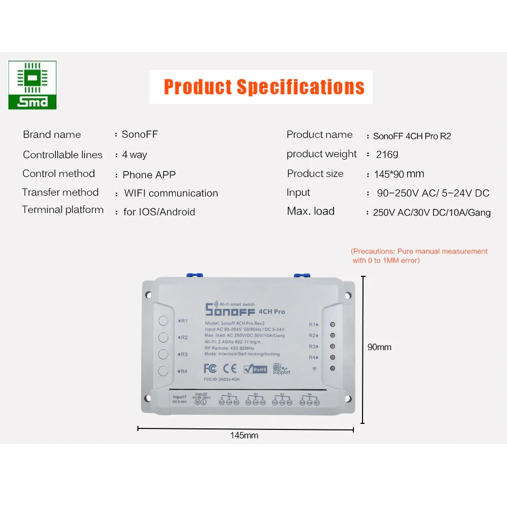Công tắc thông minh SONOFF 4CH PRO R2/R3 điều khiển từ xa qua WiFi và RF 4 kênh