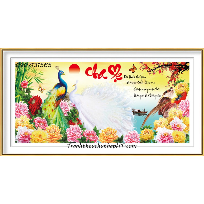 Tranh thêu chữ thập cha mẹ chim công mẫu đơn LV3061 - size: 88*43cm (tự thêu)