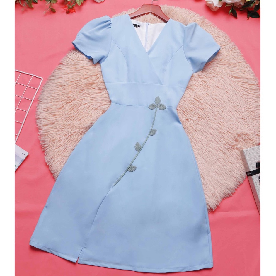 Đầm công sở thiết kế cao cấp chữ a cổ v tay ngắn thanh lịch xanh biển thời trang trẻ trung đi làm đi tiệc - Lux W