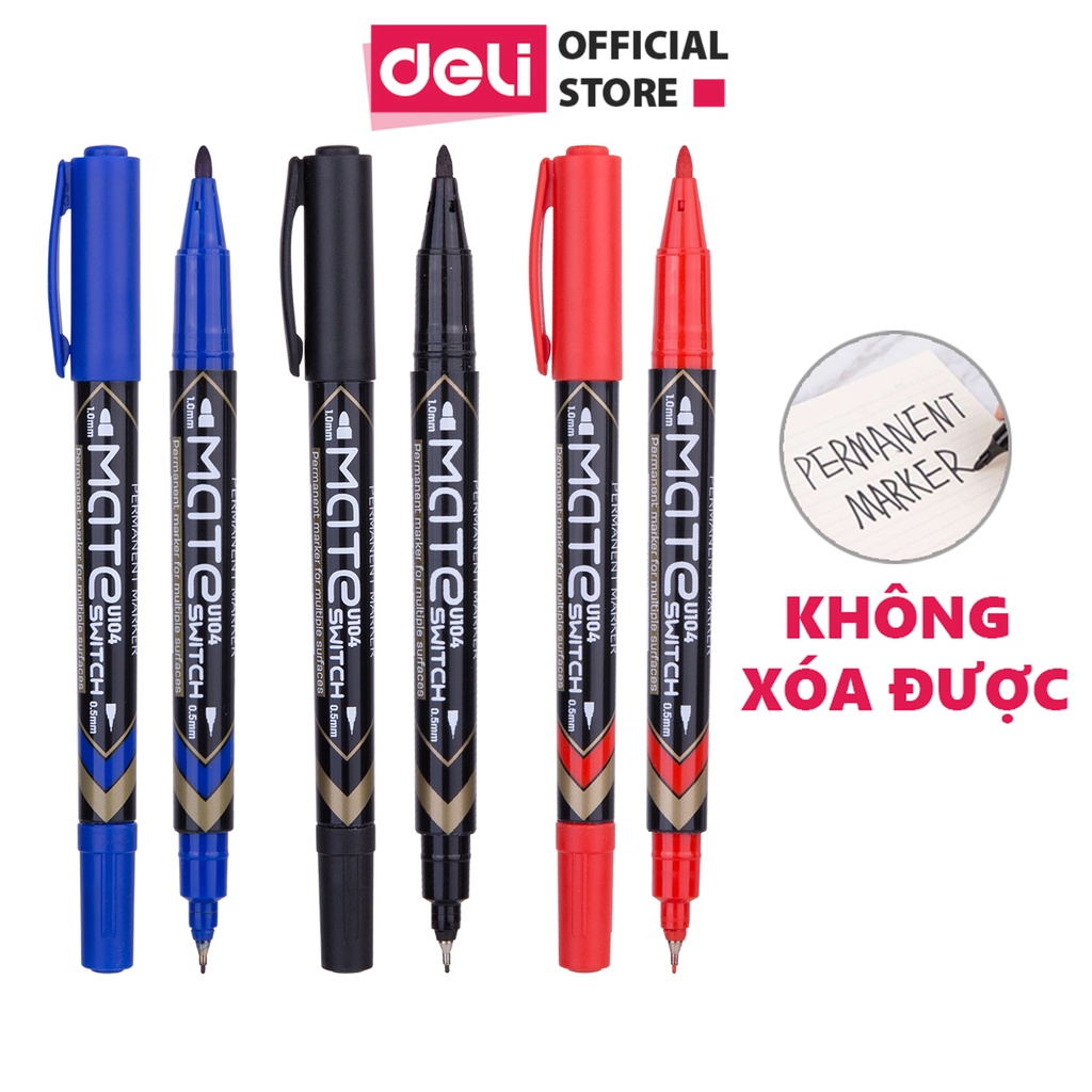 Bút lông dầu dạ kính viết đĩa CD hai đầu đánh dấu không xóa được Deli mực xanh đen đỏ cao cấp tiện dụng EU10420