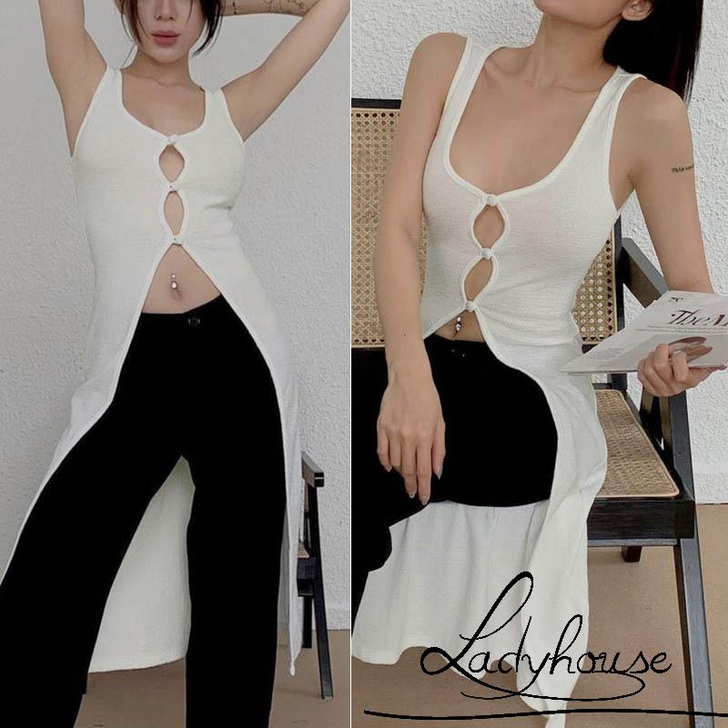 LD-Women Summer Sleeveless Vest, Solid Color U-Neck Front Hollow Out Slit Hem Slim Fit Mid-Length Tank Tops