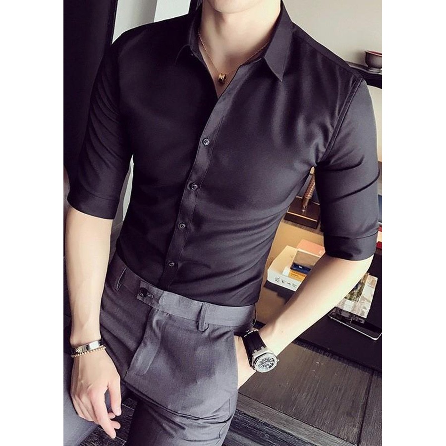 Áo Sơ Mi Nam Dáng Ôm Chất Lụa Mịn Màu Trắng Trơn