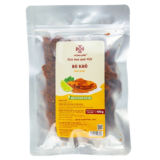Bò khô miếng Hồng Lam gói (100gr, 200gr, 500gr). Có vị thơm cay ngọt, thịt bò chất lượng