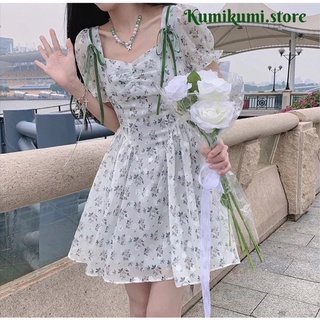 Váy tiểu thư hoa nhí xanh nơ vai ulzzang phong cách zetro Hàn Quốc nhún ngực cá tính