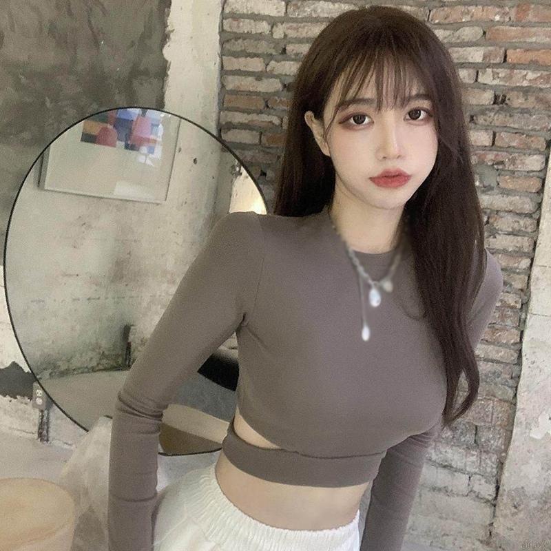 Áo thun croptop tay dài cổ tròn hở eo màu sắc trẻ trung quyến rũ dành cho nữ