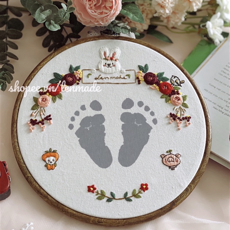 DIY bộ Kit tự thêu tay embroidery IN DẤU CHÂN TAY cho trẻ lưu giữ kỉ niệm trang trí thôi nôi full month ý nghĩa lenmade